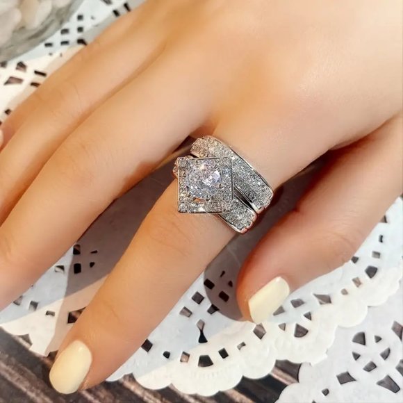 Fashion Silver 4A Zircon Square Engagement Wedding Rings 2pcs Ring Set - Picture 6 of 6